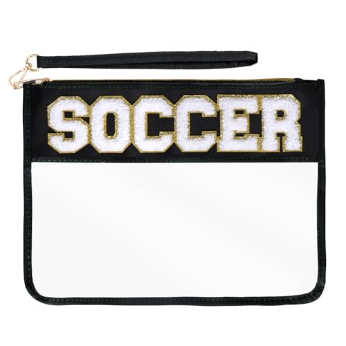 Chenille Letter Bag, Clear Nylon Cosmetic Makeup Bag with Zipper, Varsity Preppy Patch Flat Travel Pouch for Women Girls Gift (Black-SOCCER)