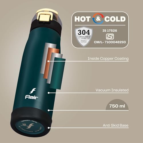 Image of FLAIR Sprint 750ml Vacuum Insulated Water Bottle - 304 Stainless Steel, Double Wall Thermos Flask, Leak-Proof, BPA-Free (Green)