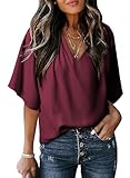 Dokotoo Blouses for Women Dressy Summer Casual V Neck 3/4 Sleeve Tops Women's Tunic Ladies Elegant Flowy Batwing Tops and Blouses Business Work Dress Shirt Womens Clothing Red Tops XL