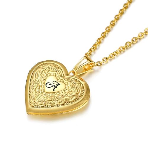 Hutou BZL-ZM26-G-A Locket Necklace Holds Pictures Alphabet Initial Letter Love Heart Lockets 18K Gold Plated Photo Memory Locket Necklaces Gold A thumb #1