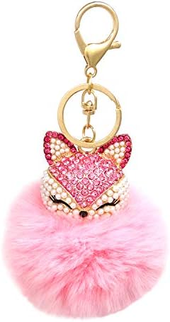 Honbay Faux Rabbit Fur Fluffy Keychain Fashion Fox Head Alloy Keychain Sparkly Rhinestone Handbag Backpack Car Keychain (Pink)