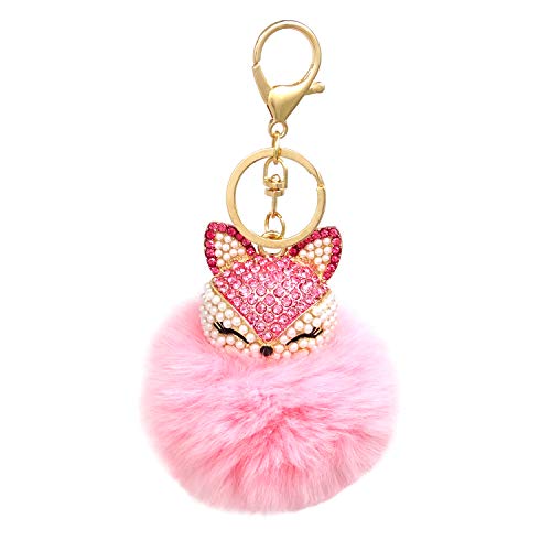 Honbay Faux Rabbit Fur Fluffy Keychain Fashion Fox Head Alloy Keychain Sparkly Rhinestone Handbag Backpack Car Keychain (Pink) #TOP13