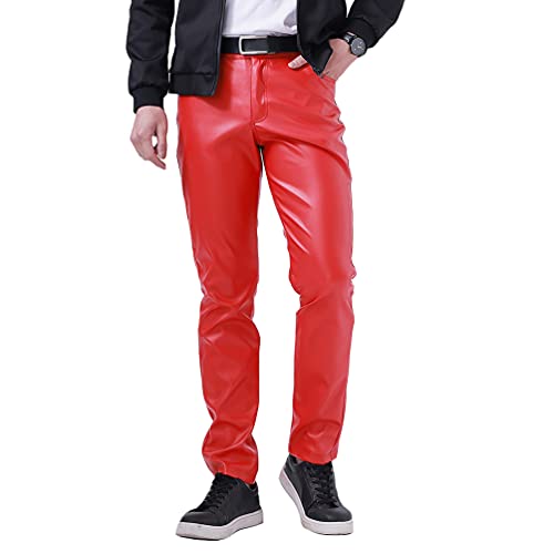 HAORUN Men Faux Leather Pants Slim Fit Stretch Casual Party Trousers Solid Color