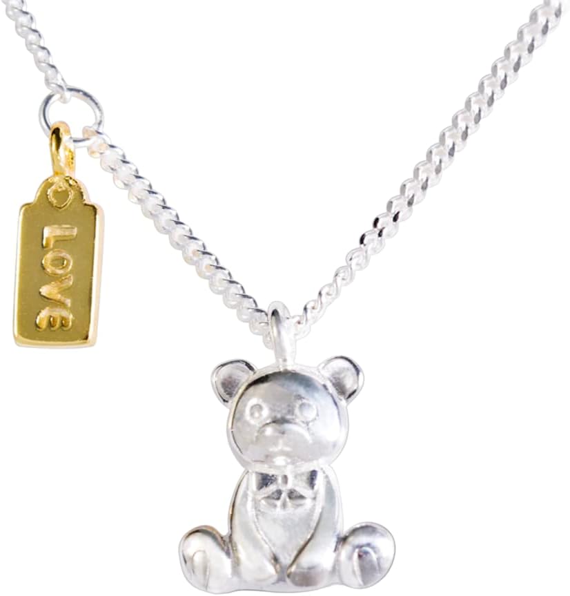 925 Sterling Silver Bear Pendant Necklace - Perfect for Women and Teen Girls, Handmade 925 Sterling Silver Bear Pendant with Love charm