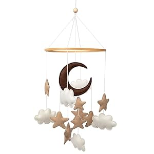 Baby Mobile for Crib – Handmade Baby Mobile – Boho Crib Mobile for Baby Boy or Girl – Brown Moon, Stars and White Clouds – EMMNNIC