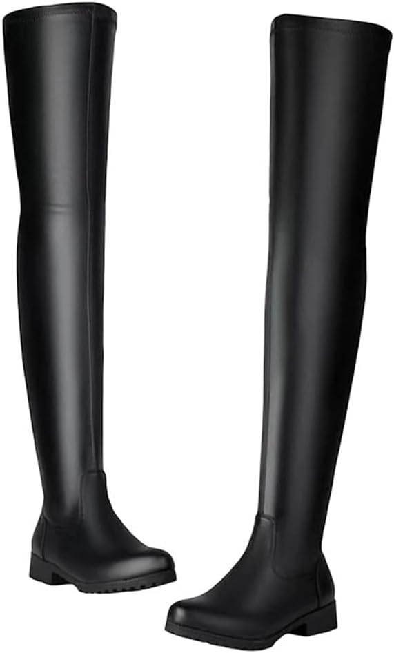 Women's Fashion Over The Knee Boots Thigh High Style Round Toe Mid-Height Heel With A Full Length Side Zipper