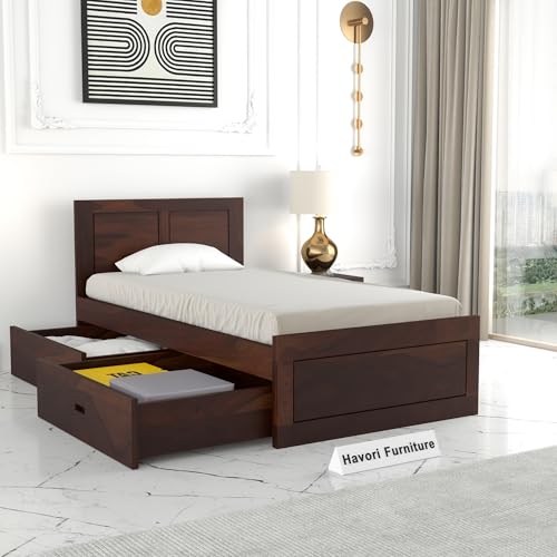 Image of Solid Sheesham Wood Single Size Bed with 2 Drawer Storage Wooden Single Cot Bed for Home Living Room Bedroom Guest Room Hotel (Walnut, Size 6 * 4)