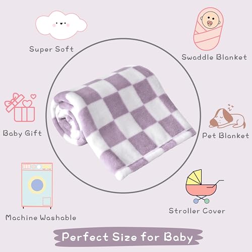 Image of Yurhap Checkered Baby Blanket Fleece Baby Blankets for Girls, Ultra Soft Cozy Fluffy Infant Toddler Newborn Receiving Blankets for Crib Stroller, 30''x40'', Purple