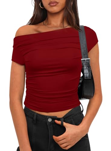Darong Women's Casual Basic Going Out Crop Tops Slim Fit Short Sleeve Off Shoulder Tight T Shirts 9048 Red M