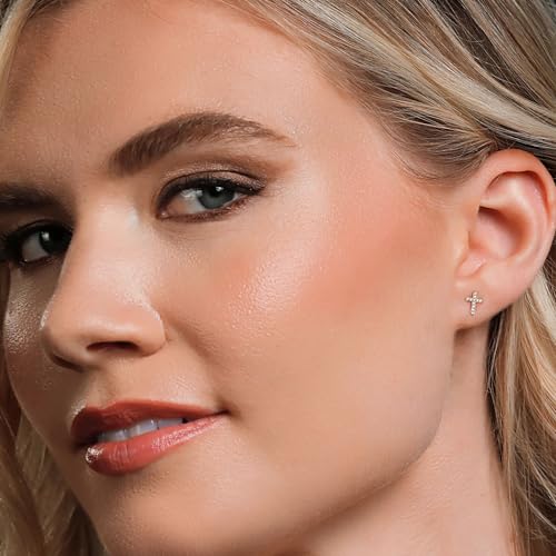 Gem Stone King 10K Yellow Gold Lab Grown Diamond Small Cross Earrings | G-H Color VS-SI Clarity | 22 Diamonds | Cross = 8x6MM | Jesus Christian Religious Crucifix Jewelry Earrings For Women Men4