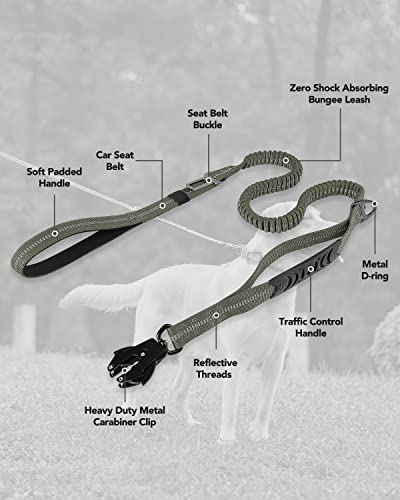 Joytale Taktische Hundeleine, 1.2m-1.8m Bungee Hundeleine Reflektierend mit 2 Gepolsterten Griffen, Autosicherheitsgurt, Leine Hund ohne Zugkraft für Mittelgroße, Große, X-Große Hunde, Armee Grün