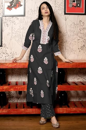Image of GoSriKi Women's Cotton Blend Straight Hand Block Printed Kurta with Pant & Dupatta | Ethnic Wear for Women | Indian Casual Office Daily Summer Outfit