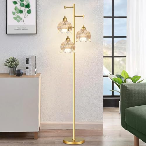 Image of ZECOXOL Gold Floor Lamps for Living Room 3 Lights Floor Lamp with Glass Lampshape & Three Led Bulb,Mid Century Standing Lamp Vintage Brass Tall Lamp Tree Floor Lamp for Bedroom Corner