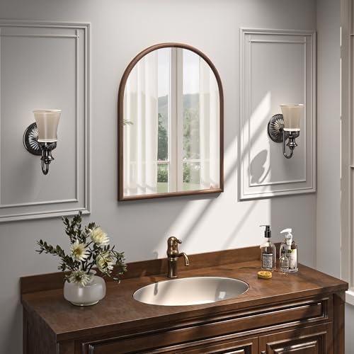 Image of 24 inchx32 inch Arch Wall Mirror for Wall, Wall Mounted Vanity Mirror for Bedroom, Wood Grain Finish Frame Mirror with Tempered Glass, Vintage Decorative for Bathroom, Entryway, Living Room, Walnut