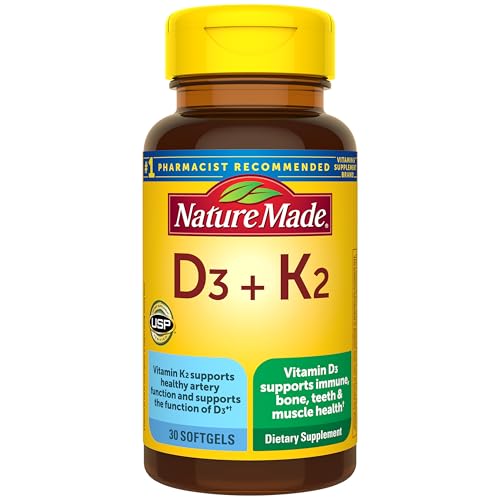Nature Made Vitamin D3 K2 Supplement, 5000 IU (125 mcg) Vitamin D for Bone, Teeth, Muscle and Immune...