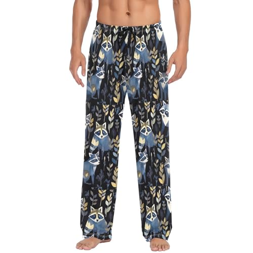Men's Dark Black Raccoons Pajama Pants with Pockets - Straight Fit Cotton Sleep Bottoms for Lounge & Nightwear#7812