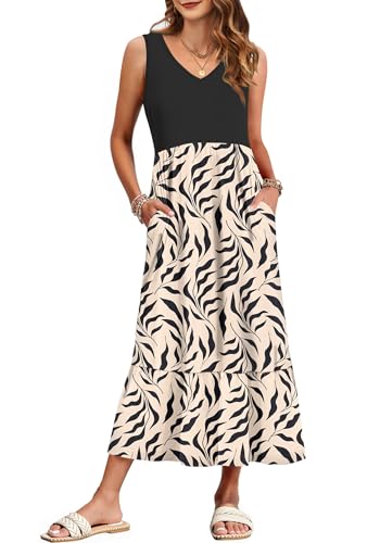 WNEEDU Damen Sommerkleider Lang Strandkleider V-Ausschnitt Maxikleider Ärmellos Empire Kleider mit Taschen Aprikose Schwarze Blume XL