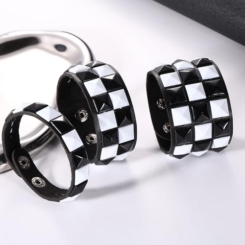 3 Piece Black White Checkered Leather Studded Punk Bracelet, Adjustable Genuine Wristband for Men Women, Gothic Halloween Accessories3