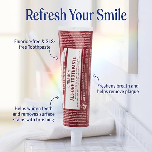 Image of Dr. Bronner's All-One Toothpaste- Cinnamon, 5 oz, 3-Pack- Fluoride-Free Toothpaste for Adults, SLS-Free, 70% Organic & Natural Ingredients, Vegan, Helps Freshen Breath, Reduce Plaque, Whiten Teeth