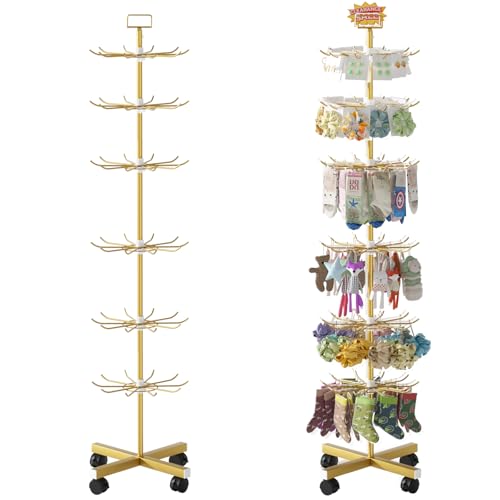 Image of Retail Display Stand Store Display Rack 6 Tier Metal Spinning Display Stand Rack with Wheels Keychain Jewelry Stocking Hat Stand with Hooks for Malls, Showroom, Retail Store (6 Tier Gold)