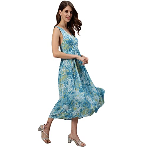 Image of Ishin Women's Midi Georgette Printed Bohemian Blue Fit and Flare Dress