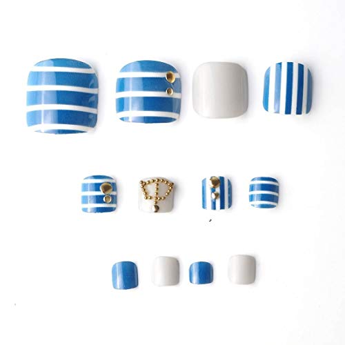 24pcs Delicate Summer Beach Sea Style Toe Nail with Golden Pearls Full Cover Finished Feet Patch for Women