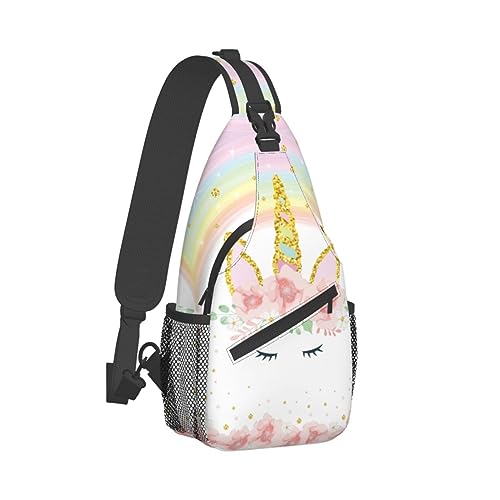 Pink Glitter Flowers Unicorn Sling Bag Crossbody Backpack for Women Men Hiking Travel Over the Shoulder Daypack Casual One Strap Pack Lightweight Cross Chest Bag Purse Outdoor Cycling2