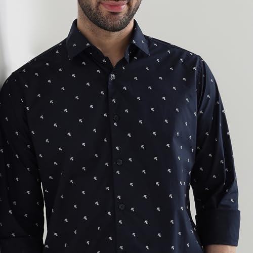 Image of Raymond Men Slim Fit Print Pattern Pure Cotton Cut Away Collar Full Sleeve Casual Shirt
