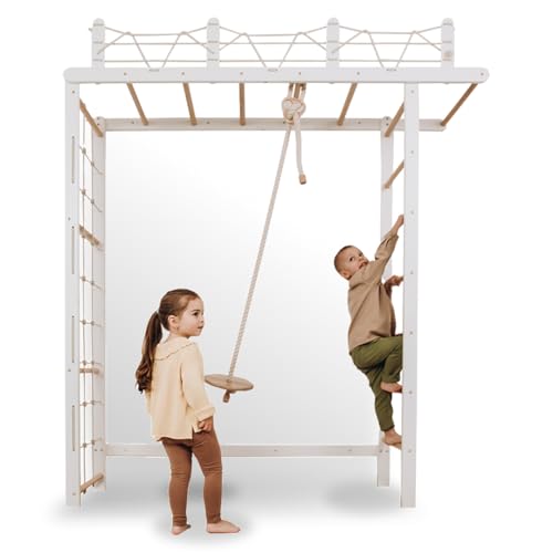 Woodandhearts Giant Bridge Swedish Ladder Indoor Playground, Montessori Climbing Set, Indoor Jungle Gym for Toddlers (Single Rope Swing with Round Seat)