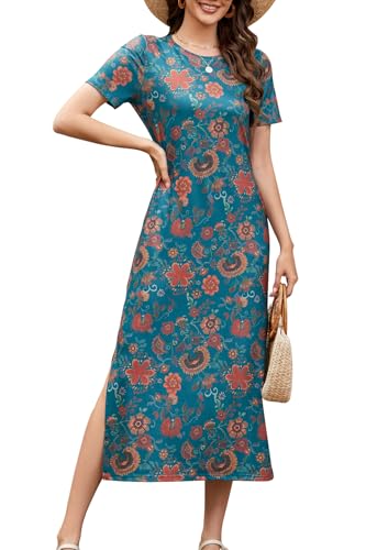 Image of Naggoo Summer Dresses for Women Short Sleeve Side Slit Long T Shirt Dress Beach Sundress Travel Vacation Outfits with Pockets