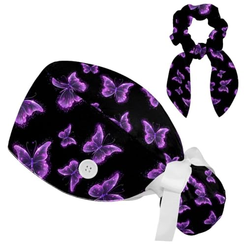 Image of Butterfly Scrub Cap Women with Ponytail & Buttons Adjustable Surgical Nurse Hat with Cotton Sweatband for Long Hair