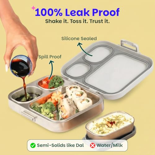 Image of Basil Bento Box Quad Plus -3+1 Compartment Stainless Steel Lunch Box (1020ml) with BPA Free Lid | Leak Proof Tiffin for Kids & Adults | Premium Lunch Box for School, Office & Picnic - Classic Grey