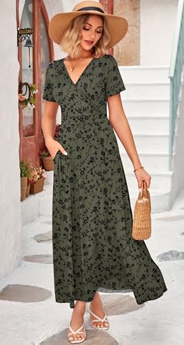 Image of WNEEDU Women's Summer Maxi Dress Short Sleeves Wrap V Neck Long Dresses with Pockets