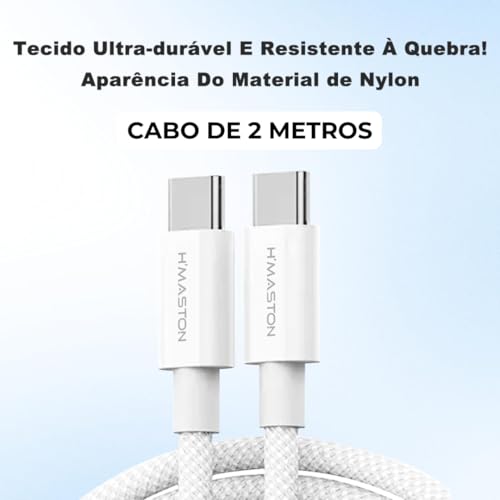 Cabo USB-C em nylon 2m Branco - 60W - Carregamento Rápido e Transmissão de Dados