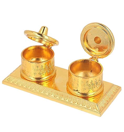 LABHCART Metal Golden Finish Chandan Roli Box Double Kumkum Dani Pooja Purpose (Set of 1) - Alternate View