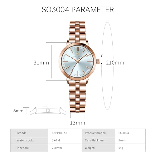 Image of Sapphero Ladies Watch Easy to Read Wristwatch, Women's Quartz Watch with Stainless Steel Strap, 5 ATM Waterproof, Classic Elegance Women Business Waterproof Watch