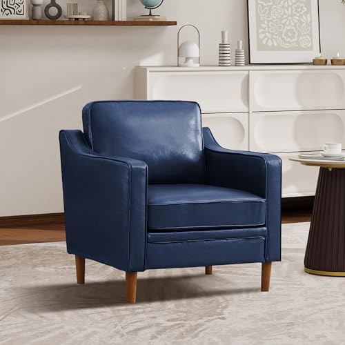 Image of Kingfun Accent Chair, Living Room Chairs, Faux Leather Reading Armchair, Mid Century with Solid Wood Foot, Upholstered Modern Decor for Bedroom, Apartment
