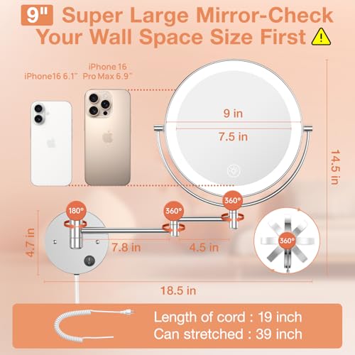 Espejo para maquillaje de pared con luz 9 pulgadas miniatura 2