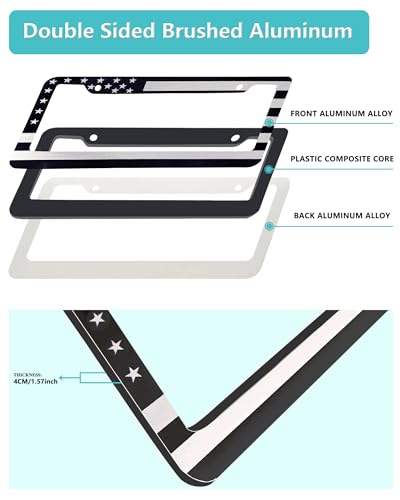 Image of American Flag License Plate Frame - 2 Pack Black Patriotic Car Tag Frames | Front Rear Patriotic USA Holder, Heavy Duty Brushed Aluminum Plastic Composite, 2 Holes, Includes Screws & Caps