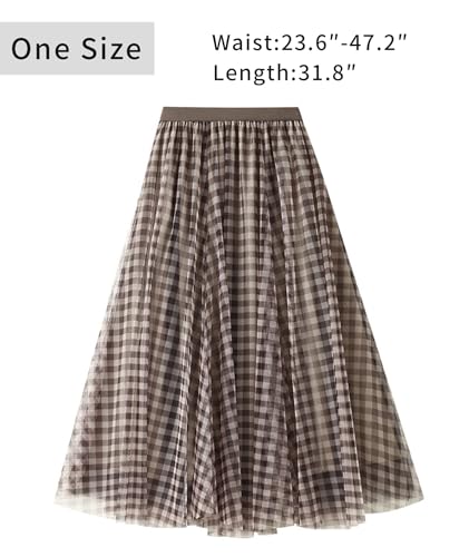 Womens Retro Plaid Tulle Skirts Trendy High Waisted A Line Pleated Layered Mesh Skirt for Party Prom3