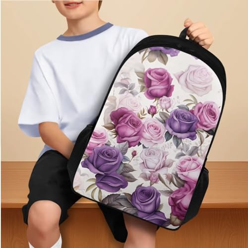 Flashideas Purple Rose School Backpack Set of 4 with Lunch Bag Insulated Water Bottle Water Bottle Holder with Strap School Backpack Set for Girls 10-12 Gift for Girls Boys2