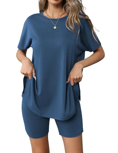 Image of Ekouaer Women's 2 Piece Lounge Set 2026 Summer Biker Shorts Set Outfits Short Sleeve Oversized Top Matching Tracksuit Navy Blue L