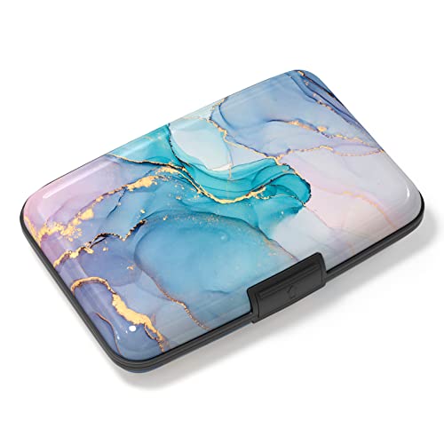 Image of Credit Card Holder, Mini Aluminum Card Wallet RFID Blocking Slim Metal Hard Card Case for Women Men, Purple Gold Marble