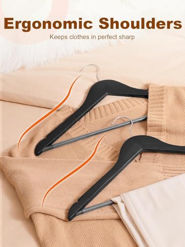 Image of GINOYA BROTHERS Walnut Wooden Suit Hangers 24 Pack with Non Slip Pants Bar - Smooth Finish Solid Wood Coat Hanger for Camisole, Jacket, Pant, Dress Clothes Hangers (Black: 10)