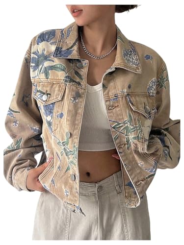WDIRARA Women's Floral Print Button Down Denim Jacket Long Sleeve Outerwear