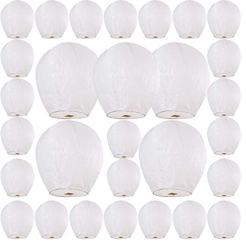 6/8/21/29 Pack Sky Lanterns - Eco-Friendly, Biodegradable, for Weddings, Birthdays, Memorials and Much More. Safe to use and Flame Retardant Paper (White) (29-Pack)