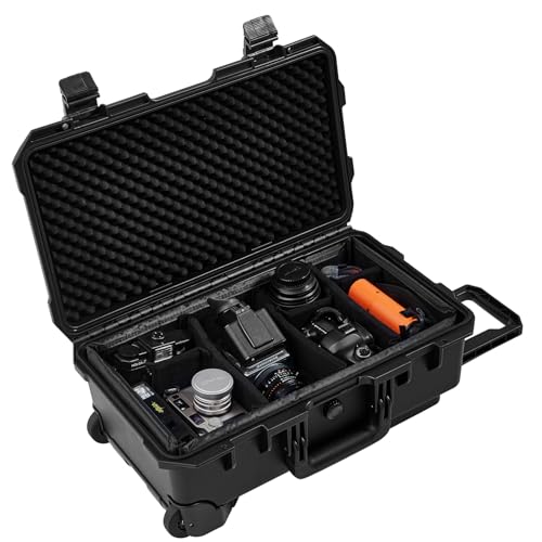 Regetek Waterproof Hard Case with Padded Divider & Wheels, 22 x 14 x 9 Inch Wheeled Rolling Case for Camera, Lenses, Dual DJI Mavic/Air/Mini drones, Gear, Equipment,Roller Case Shockproof IP67 (Black)