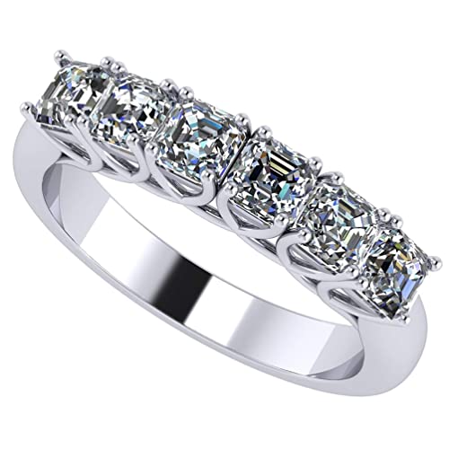 NANA Jewels Asscher Cut Simulated Diamond Ring 1.00ctw 6 Stone Wedding Band, Sterling Silver