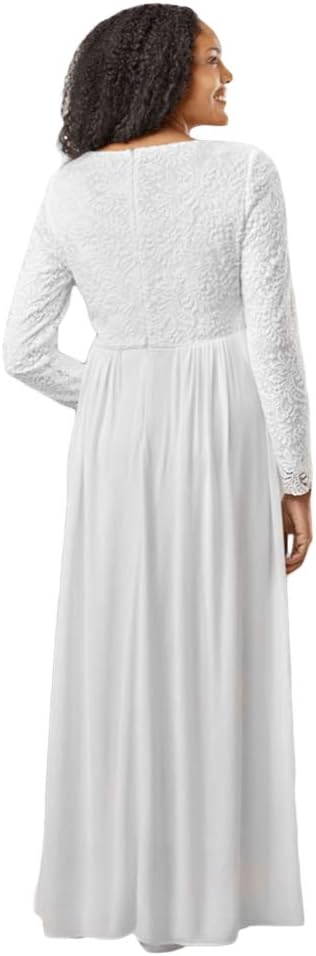 Women's Modest White Full Length Long Sleeve Special Occasion Dress with Lace Bodice and Empire Waist