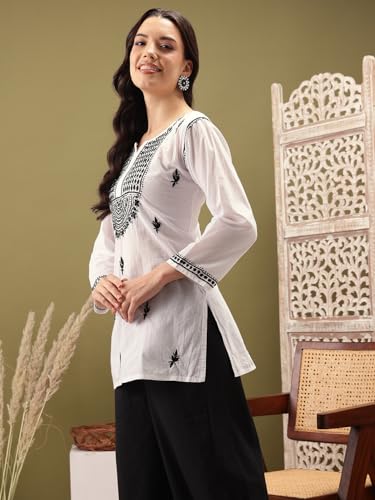 Image of Ada Women's Cotton Regular Fit Tunic Hand Embroidered Lucknow Chikankari Short Top Kurti A100554